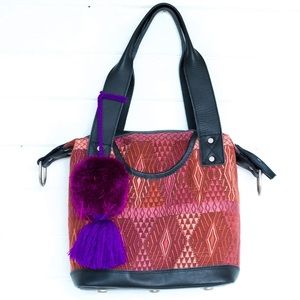 Black leather and huipil handbag